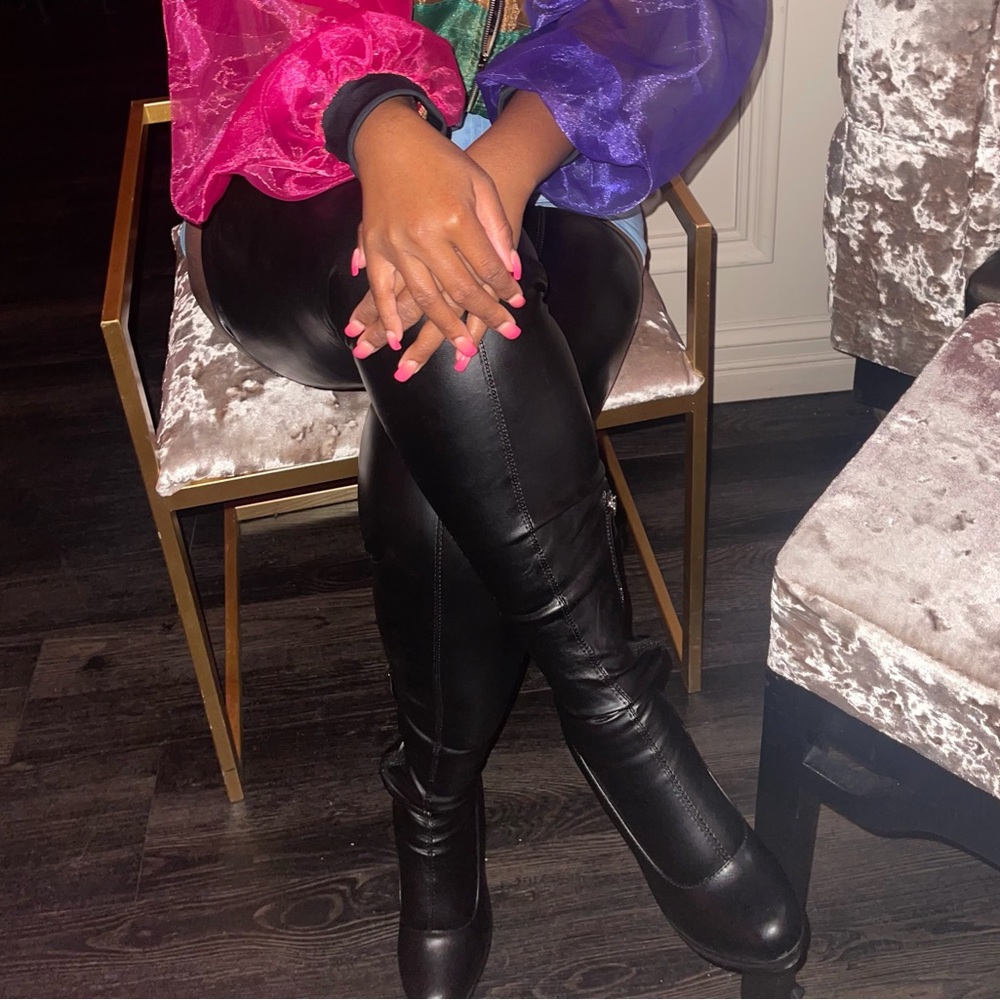 AKIRA Black Wedge Heel Boots with Hosiery